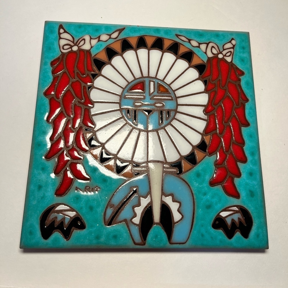 Vintage Earthtones Southwestern art tile trivet 4858x  bear fetish signed
